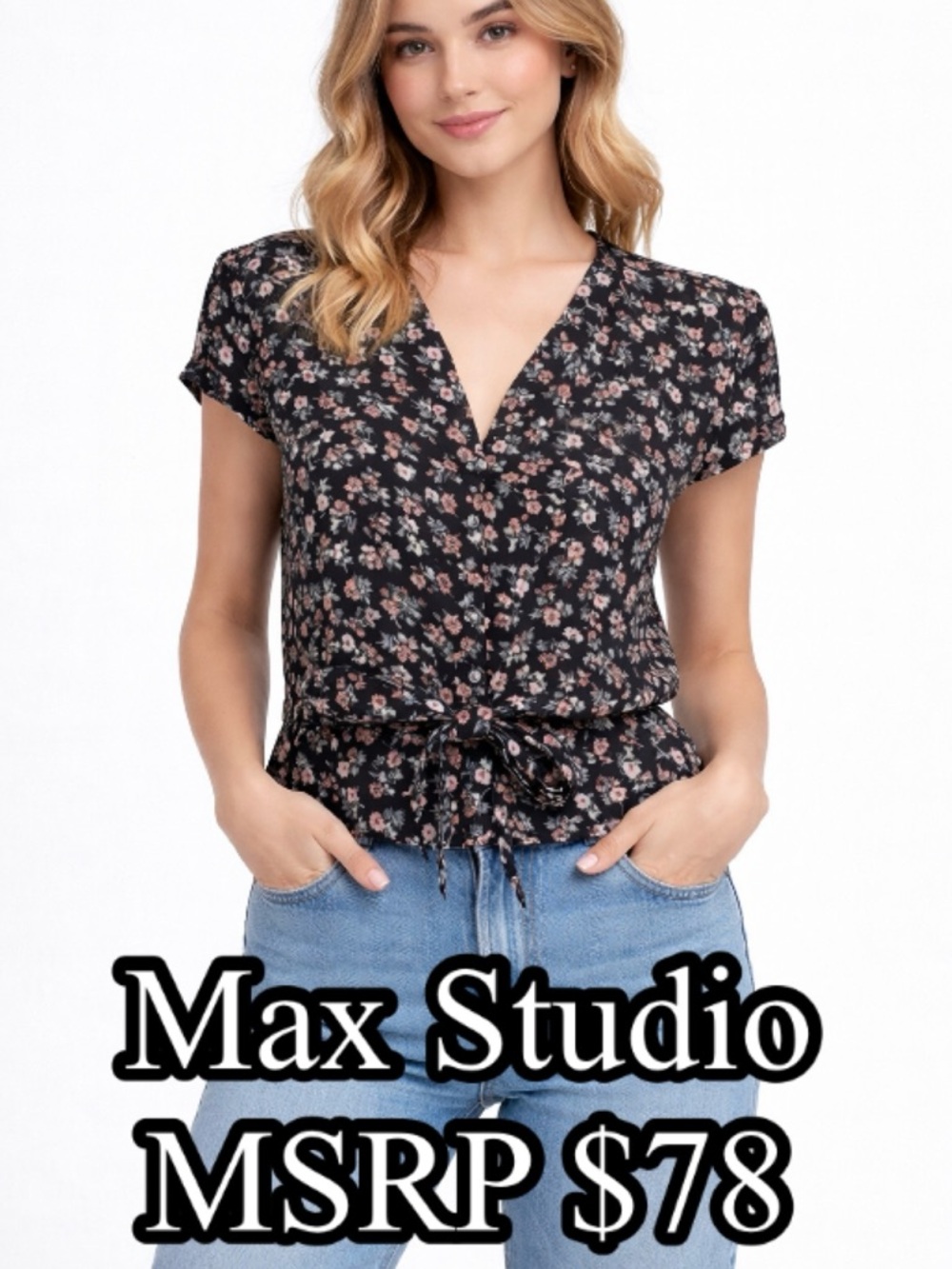 Max Studio Floral Flutter Sleeve Front Tie Wrap Top Black Pink Size Medium
